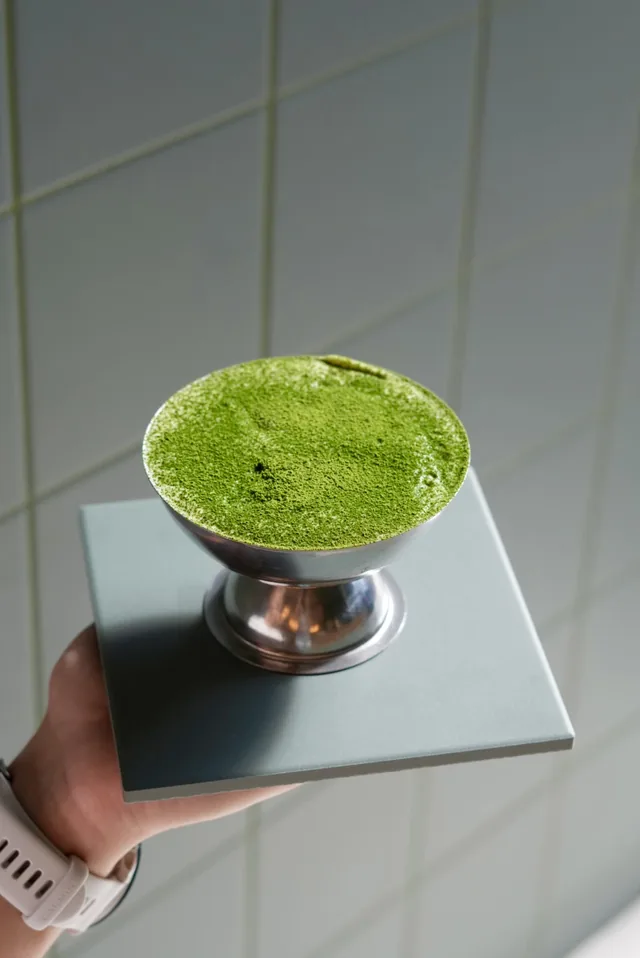 Matcha and raspberry tiramisu in a coppa